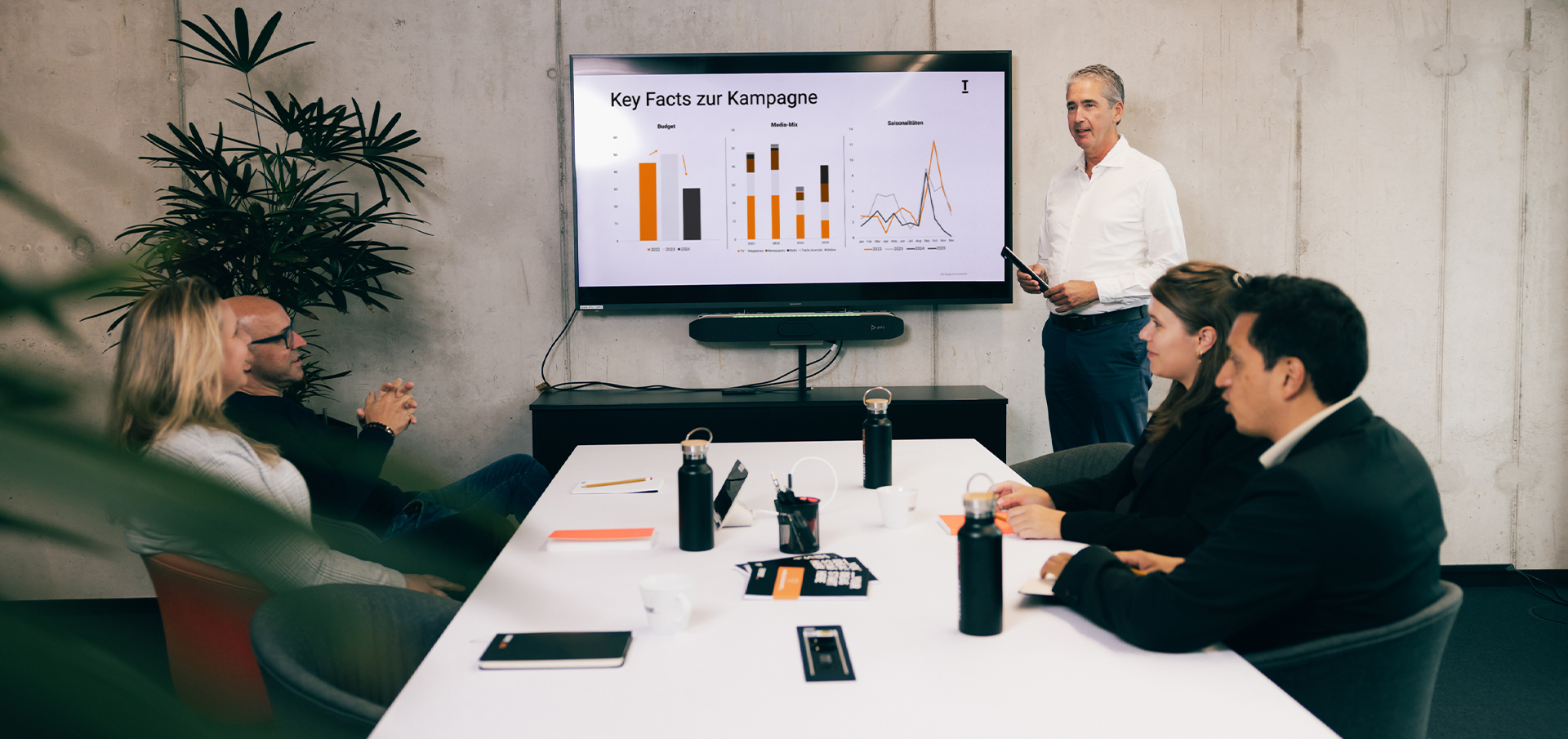 TERRITORY MEDIA Key Account Team im Meetingraum bei einer Präsentation – holistischer Performance-Ansatz über alle Kanäle der Customer Journey mit datengetriebener Aussteuerung und smarten Tools.