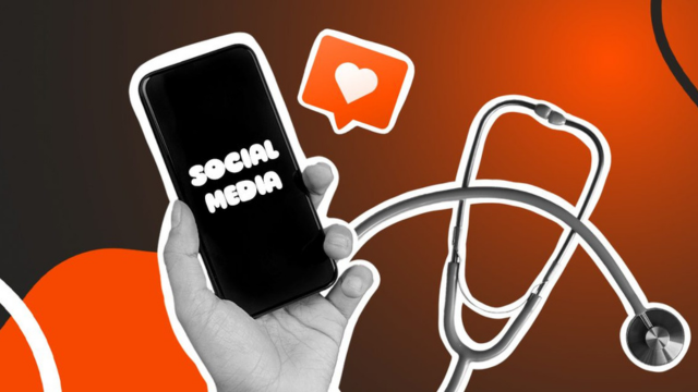 Smartphone mit Like-Symbol und Stethoskop als Visualisierung für Social Media Check-up im Healthcare- und Pharma-Marketing.