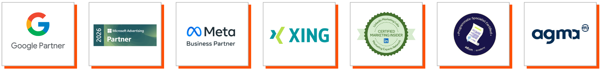 Zertifizierungen und Partner von TERRITORY MEDIA: Google Partner, Microsoft Partner, Meta Business Partner, XING, LinkedIn Marketing Insider, Programmatic Certified Specialist und agma.